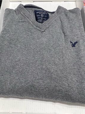 American Eagle Outfitters Gray V-Neck Sweater with Navy Logo